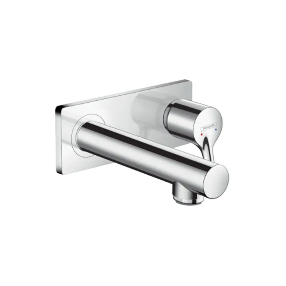 Wandmontierter Einhebel-Waschtischmischer in Chrom-Optik von Hansgrohe mit einem symmetrischen Auslauf und einem Steuerhebel auf der rechten Seite.
